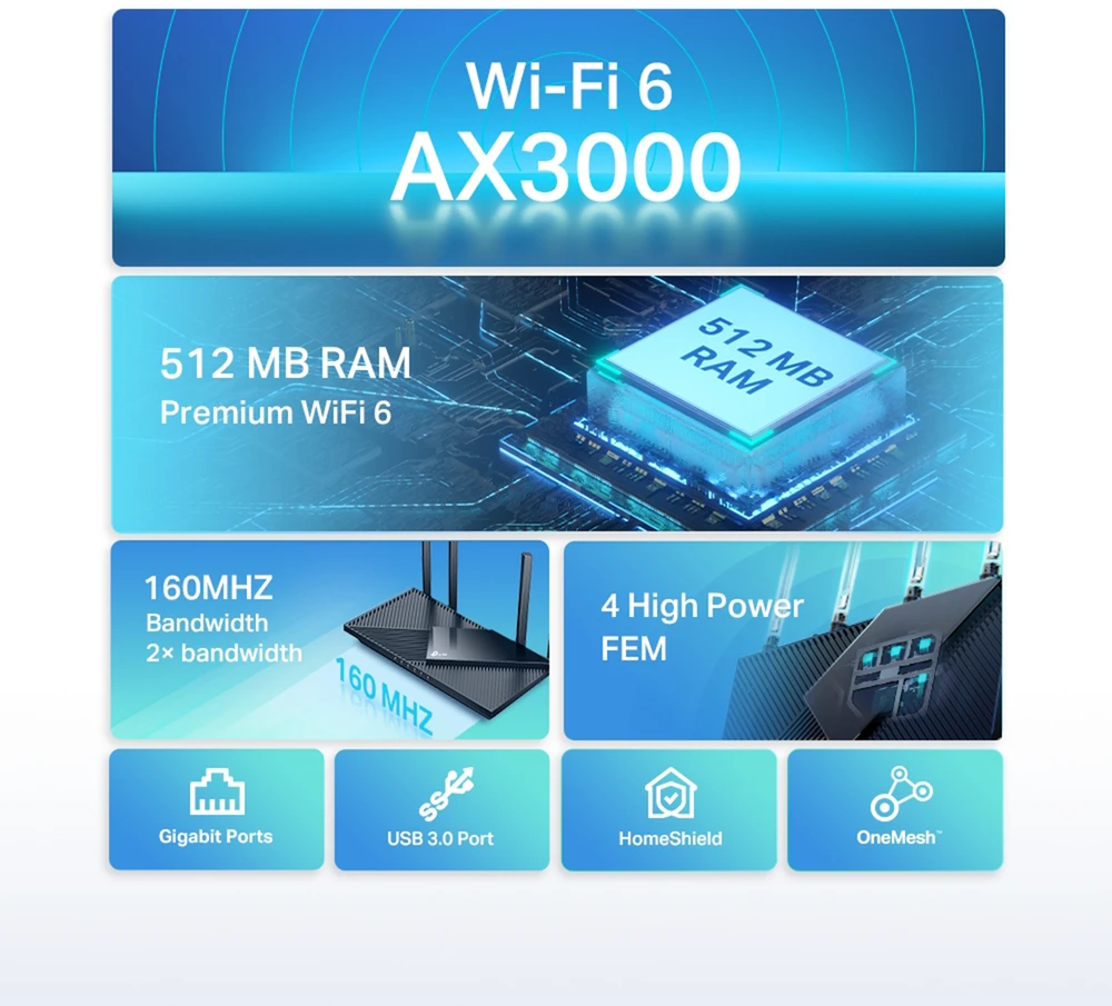 TP-LINK Dviejų juostų Wi-Fi 6 Maršrutizatorius Archer AX55 AX3000, 802.11ax, 10/100/1000 Mbit/s, Ethernet LAN (RJ-45) 4 jungtys