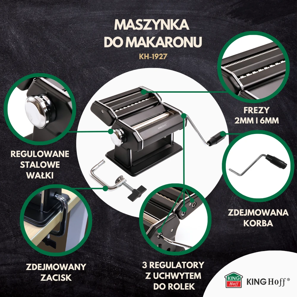 Maszynka Makaronų gaminimo aparatas, plieno, 15 cm, juodas, kinghoff, kh-1927