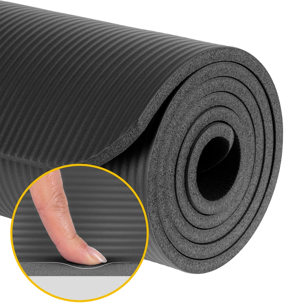 Gimnastikos kilimėlis jogai, pilatesui, fitnesui, 183x61cm, storis 1cm, NBR medžiaga, juoda, REBEL ACTIVE