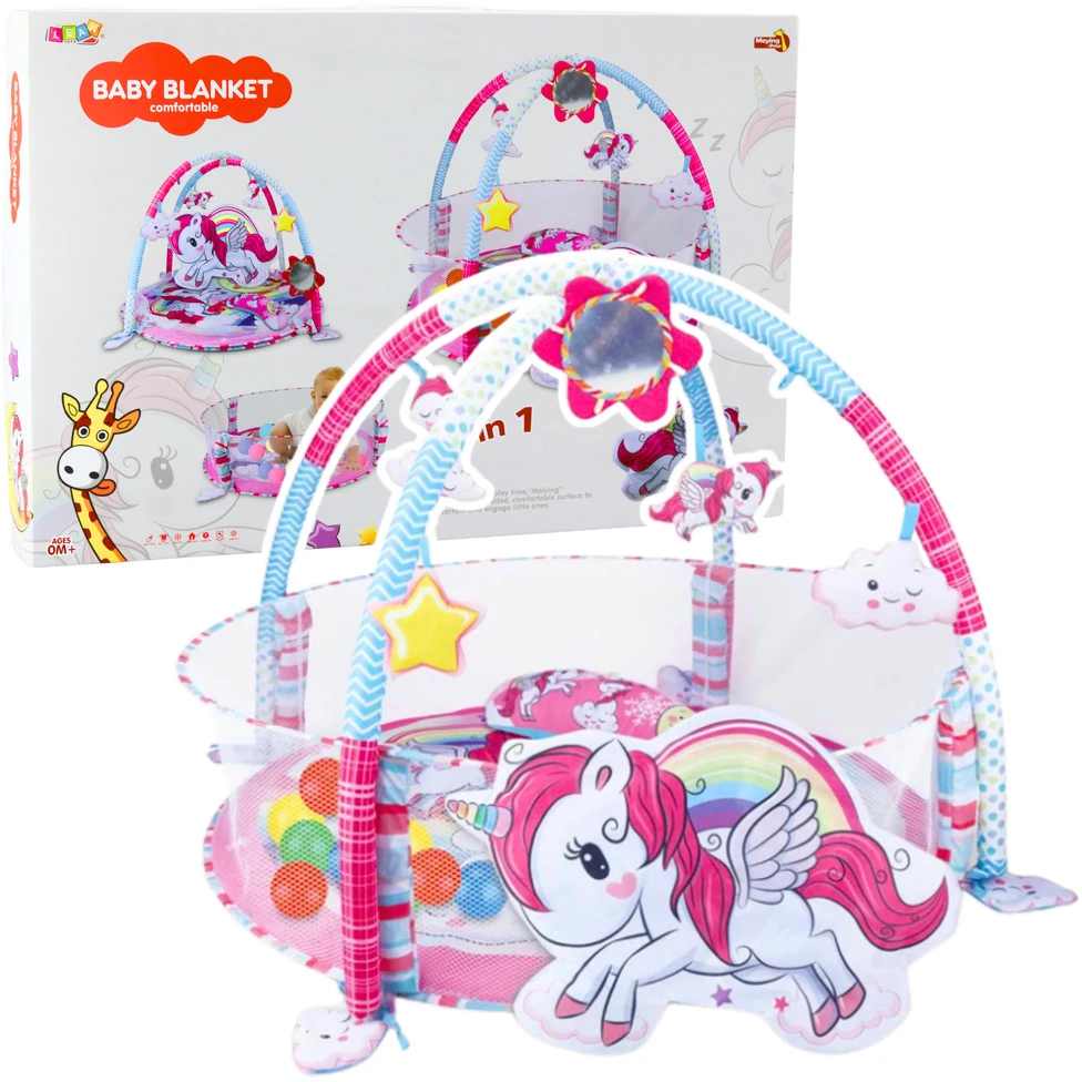 Lean Toys Vaikiškas žaidimų kilimėlis su kamuoliukų baseinu ir maniežu 3 viename su vienaragiu