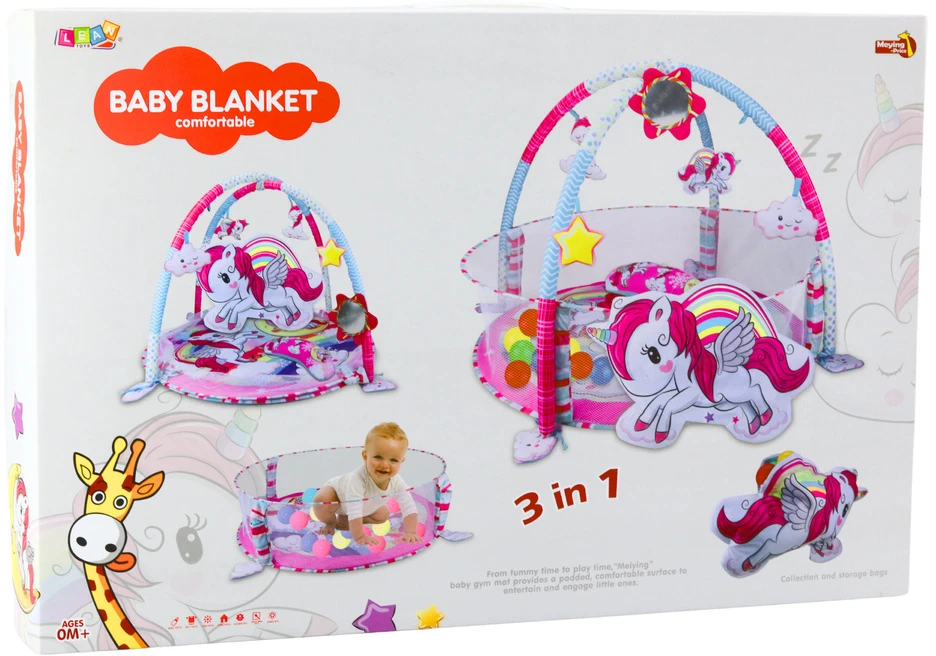 Lean Toys Vaikiškas žaidimų kilimėlis su kamuoliukų baseinu ir maniežu 3 viename su vienaragiu