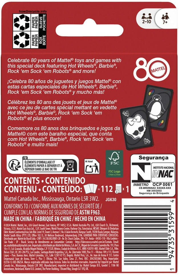 UNO kortos MATTEL 80 (JGK30)