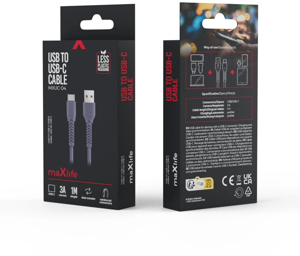 Maxlife MXUC-04 laidas USB – USB-C 1,0 m 3A violetinis