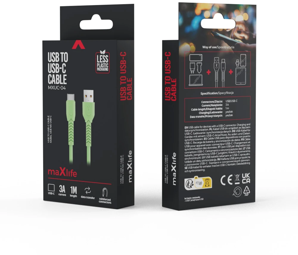Maxlife MXUC-04 laidas USB – USB-C 1,0 m 3A žalias