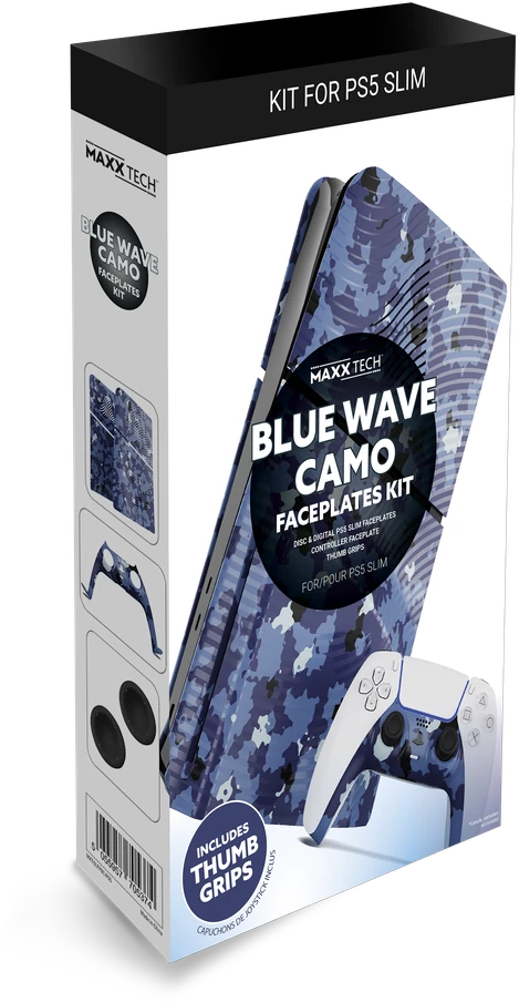 Maxx Tech PS5 plonos priekinės plokštės + valdiklio priekinės plokštės – „Mėlyna Wave Camo“