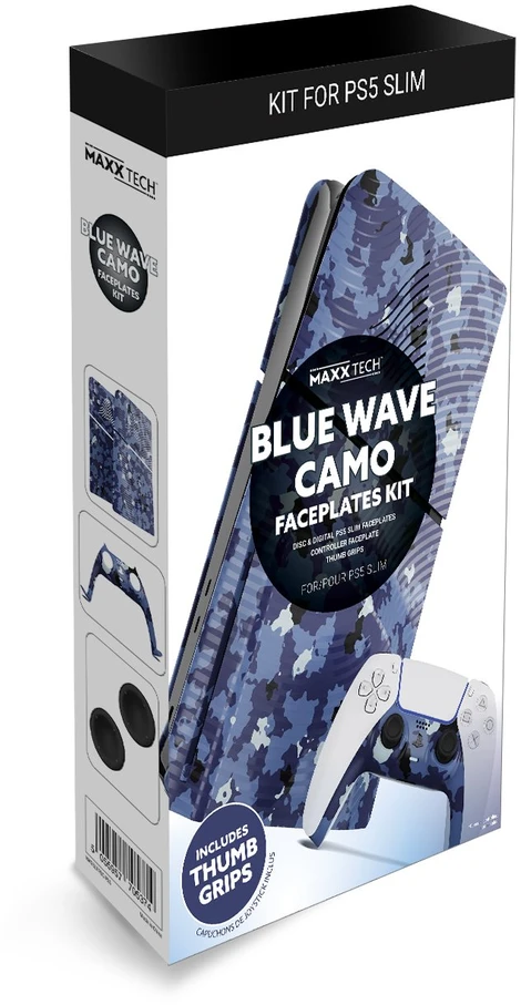 Maxx Tech PS5 plonos priekinės plokštės + valdiklio priekinės plokštės – „Mėlyna Wave Camo“