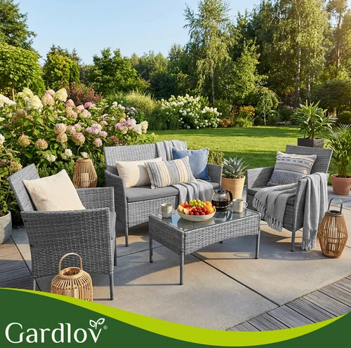 Antracito spalvos rotango sodo baldai Gardlov 26907