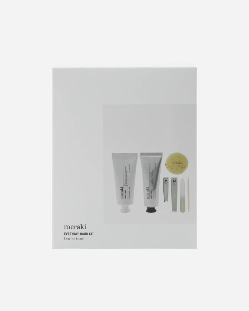 „Meraki“ – dovanų dėžutė, rankų kremas + rankų serumas + muilas + nagų rinkinys – balta – 50 ml, 50 ml, 20 g