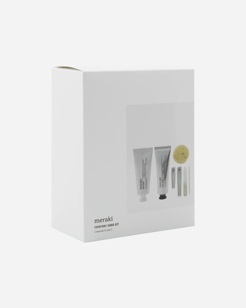 „Meraki“ – dovanų dėžutė, rankų kremas + rankų serumas + muilas + nagų rinkinys – balta – 50 ml, 50 ml, 20 g
