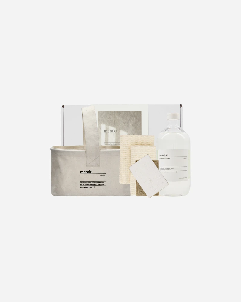 „Meraki“ dovanų dėžutė su krepšeliu, indų šluoste, kempine ir universaliu valikliu – smėlio/baltos spalvos – 1000 ml, 32 x 23 x 13,5 cm