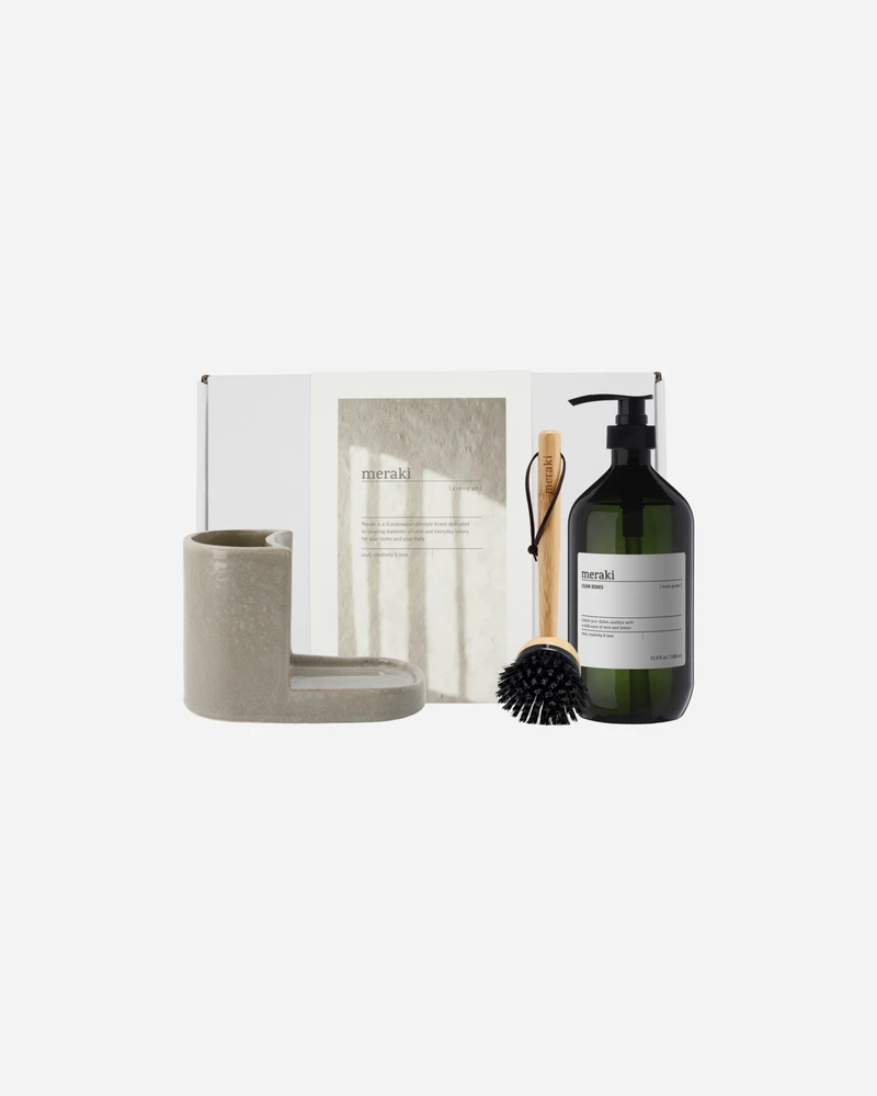 „Meraki“ – dovanų dėžutė su pilku laikikliu, „Nature“ teptuku, „Forest Garden“ indų plovimo priemone – balta – 1000 ml, 32 x 23 x 13,5 cm