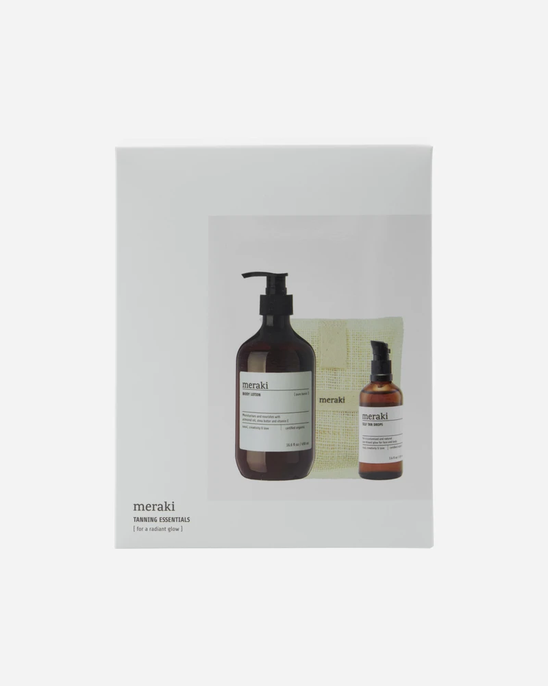 „Meraki“ – dovanų dėžutė su savaiminio įdegio lašais, vonios pirštine, kūno losjonu – balta – 140 g, 100 ml, 490 ml