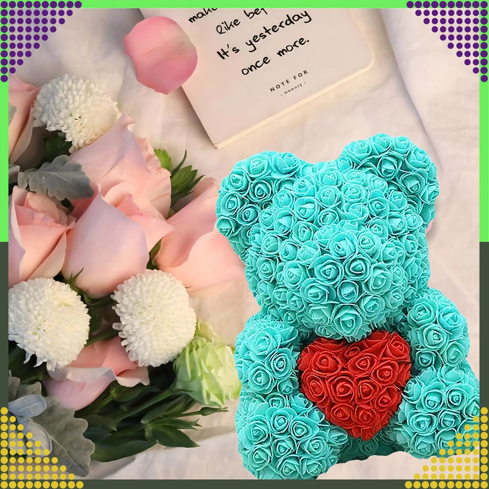 Meškiukas su rožėmis Valentino dienos dovana mamai, žmonai, močiutei, didelis rožių rinkinys, 40 cm
