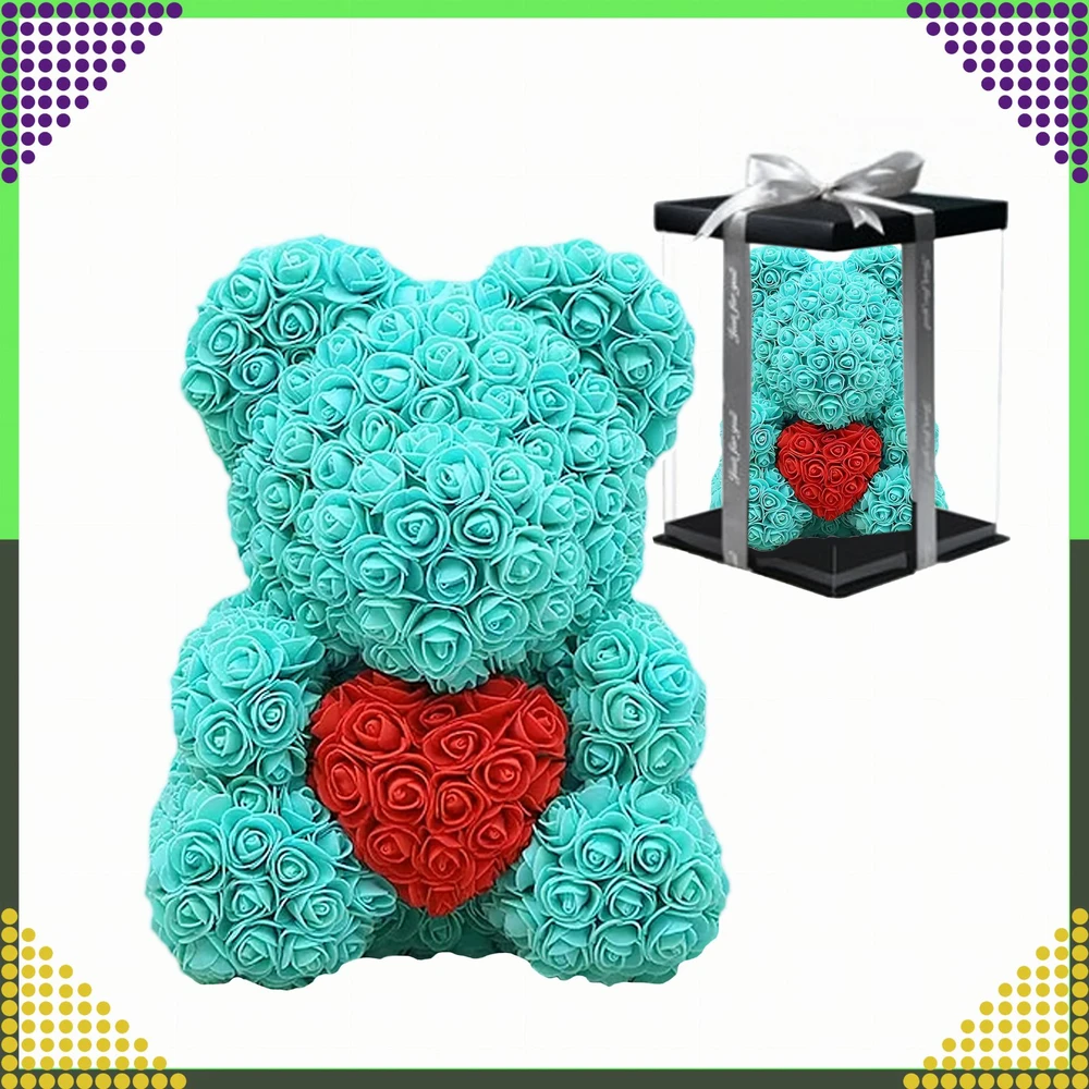 Meškiukas su rožėmis Valentino dienos dovana mamai, žmonai, močiutei, didelis rožių rinkinys, 40 cm