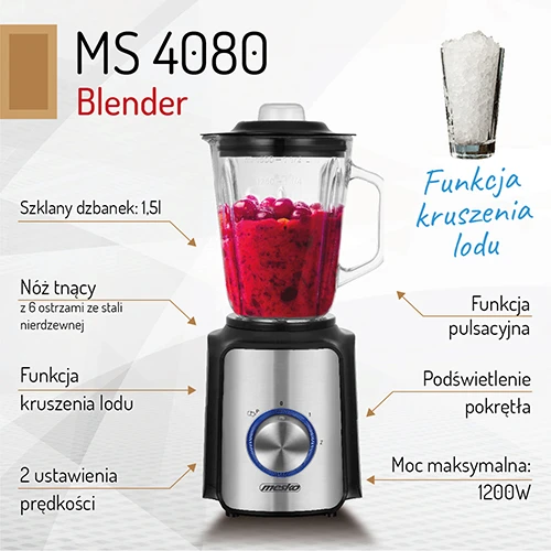 Adler Mesko | Maišytuvas | MS 4080 | Tabletop | 600 W | Jar material Glass | Jar capacity 1.5 L | Ice crushing | Juodas/Sidabrinis