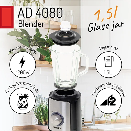 Adler Mesko | Maišytuvas | MS 4080 | Tabletop | 600 W | Jar material Glass | Jar capacity 1.5 L | Ice crushing | Juodas/Sidabrinis