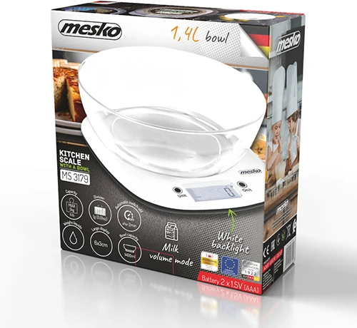 Virtuvinės svarstyklės Adler virtuvės svarstyklės su dubeniu | MS 3179w | Graduacija 1 g | Ekrano tipo LCD | Baltas