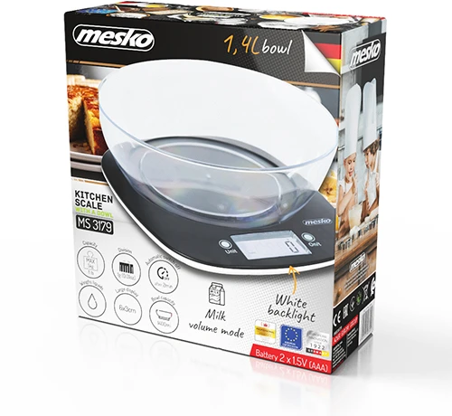 Virtuvinės svarstyklės Mesko Adler virtuvės svarstyklės su dubeniu | MS 3179b | Graduacija 1 g | Ekrano tipo LCD | Juodas