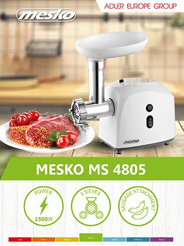 Mėsmalė Mesko | Mesko MS 4805 | Baltas | Middle size sieve, mince sieve, poppy sieve, plunger, sausage filler, kibbe attachment