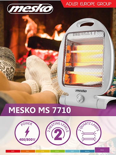 Mesko | Šildytuvas | MS 7710 | Halogeninis šildytuvas | 800 W | Galios lygių skaičius 2 | Baltas