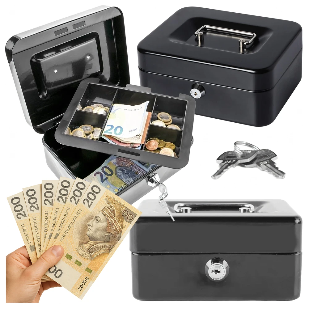 Metalowa Metalinė taupyklė monetoms, banknotams, dokumentams, seifui, raktams