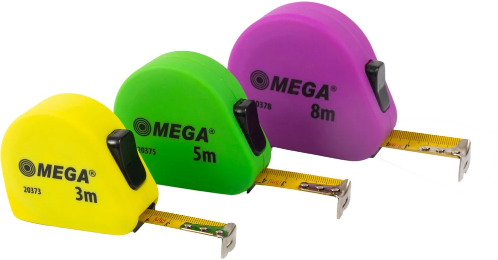 Mega Miara Matavimo juosta ritinėlyje, 8 m / 25 mm, 2 kamšteliai, PVC, minkšta
