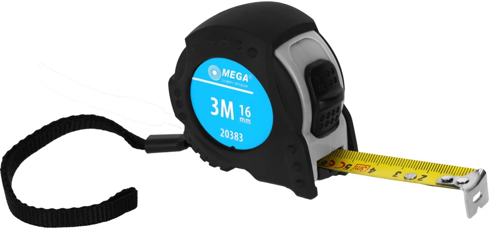 Miara Ruletė-matavimo juosta ritinėlyje 3 m / 16 mm, 2xstop, su užraktu, guminiu dangteliu, kartonu, mega