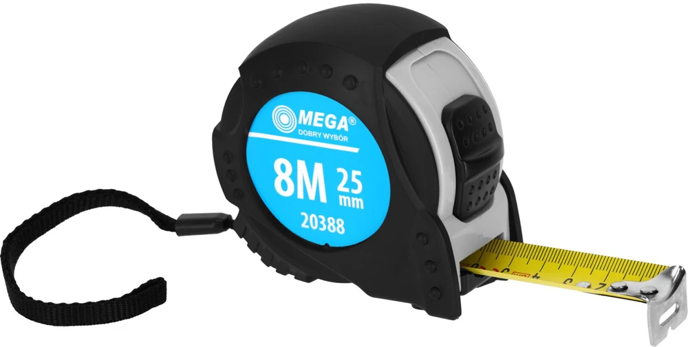Miara Ruletė matavimui ritinėlyje 8 m / 25 mm, 2 atramos, vyriai, CE, guminis dangtelis, kartonas, mega