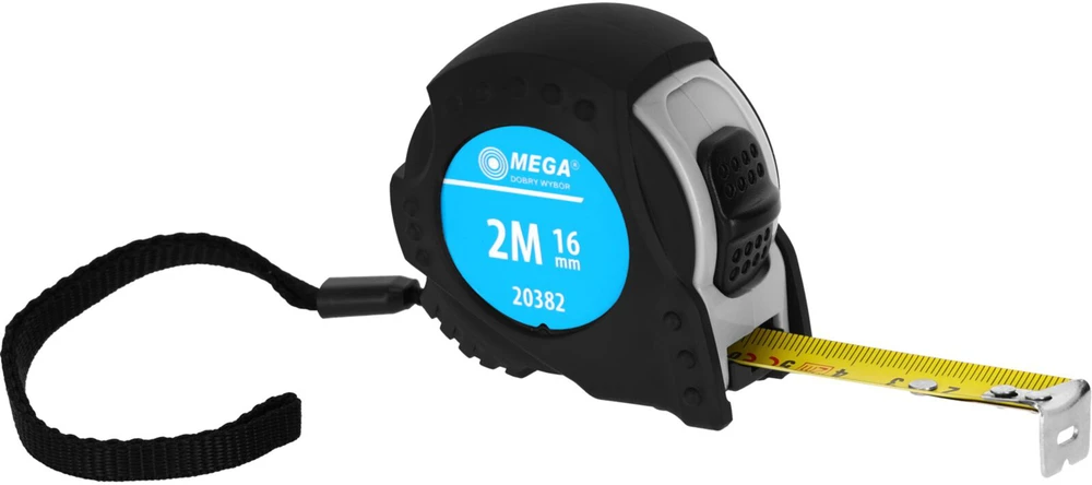Miara Ruletė ritinėlyje 2 m / 16 mm, 2x stotelės, su užraktu, guminiu dangteliu, kartonu, mega