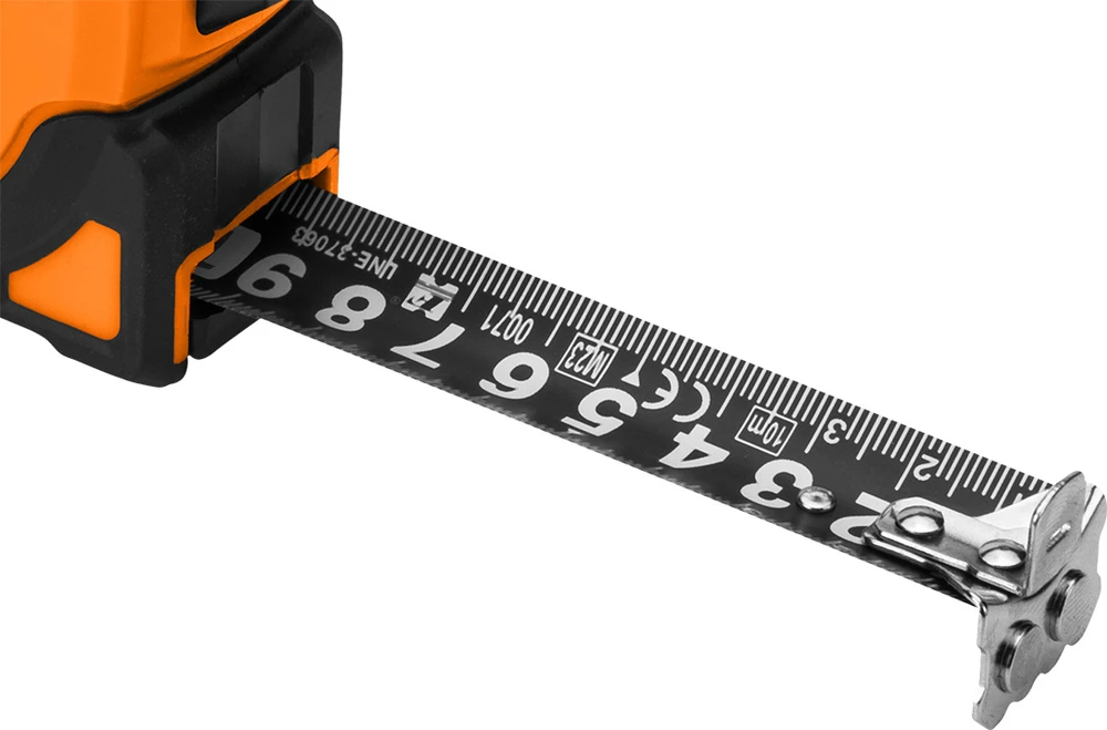 Miara Super juoda plieninė matavimo juosta 5 m x 19 mm, automatinis užraktas, du stabdymo mygtukai, magnetas