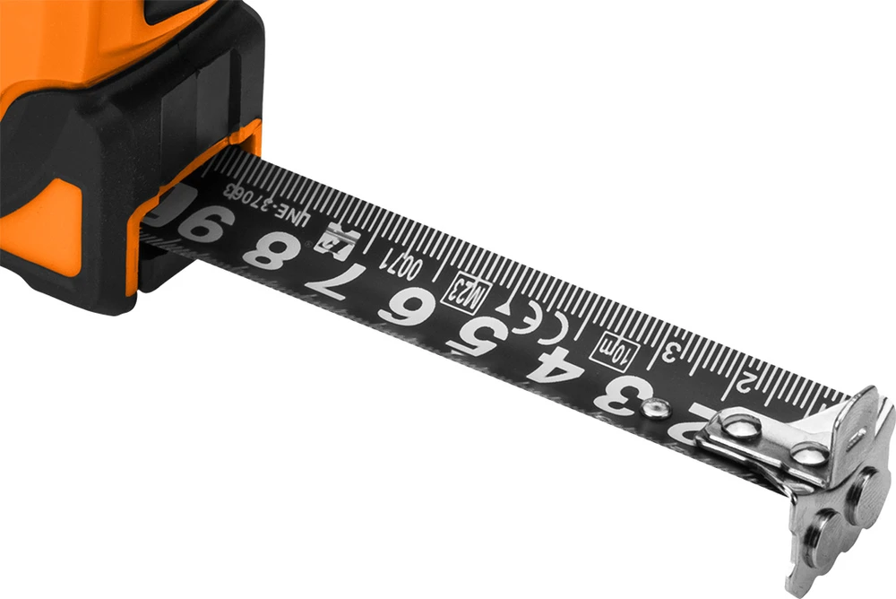 Miara Super juoda plieninė matavimo juosta 5 m x 25 mm, automatinis užraktas, du stabdymo mygtukai, magnetas