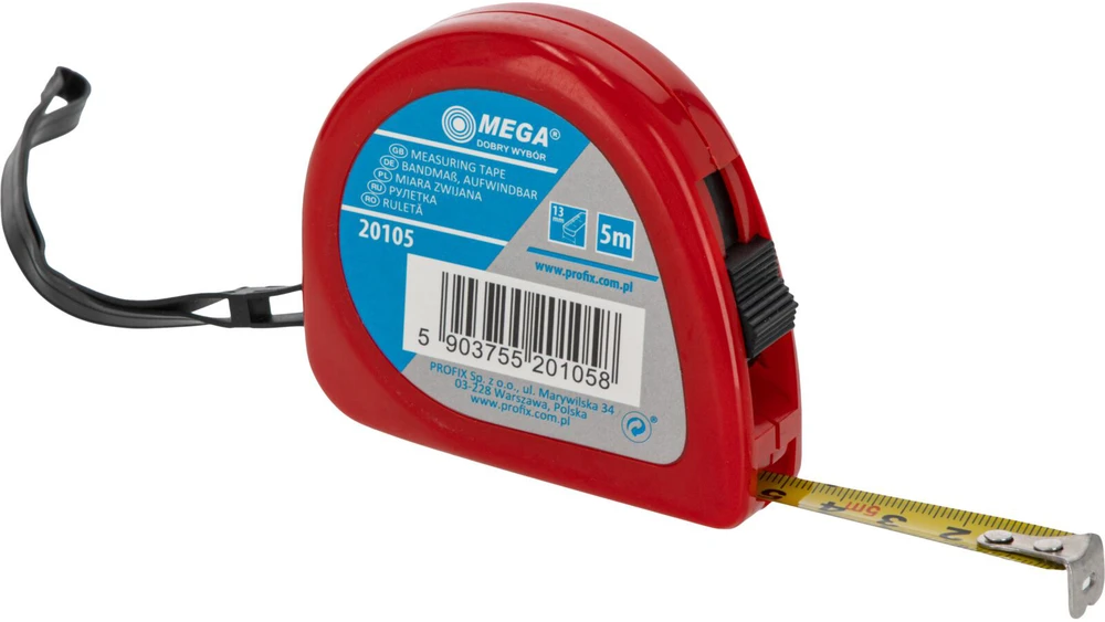 Mega Miara Susukta matavimo juosta 5 m / 13 mm balta arba geltona plieninė juosta, averzo spalva