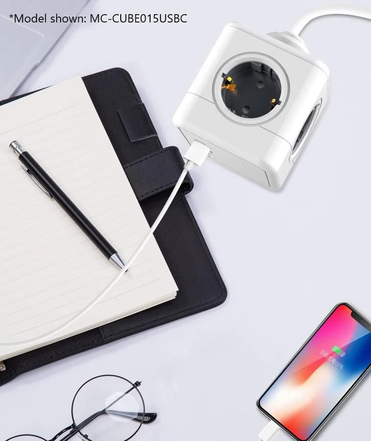 „MicroConnect“ – 4 krypčių „Schuko“, 2 USB prievadų maitinimo kubas – su 1,5 m laidu