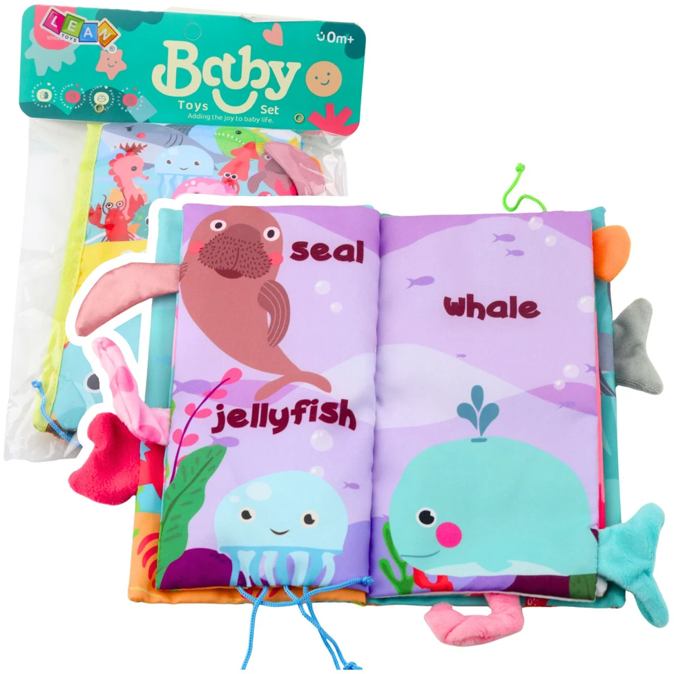Lean Toys Minkšta jutiminė jūrų gyvūnų knygelė su švilpuku ir čežančiu popieriumi