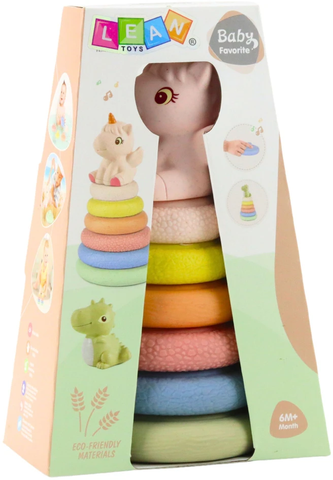 Lean Toys Sensorinė piramidė vaikams su vienaragiu, minkšta ekologiška guma, 18x9 cm