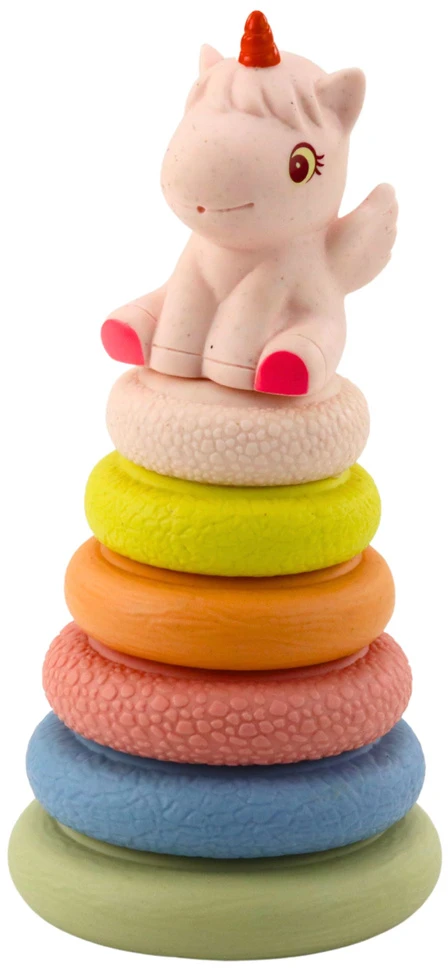 Lean Toys Sensorinė piramidė vaikams su vienaragiu, minkšta ekologiška guma, 18x9 cm