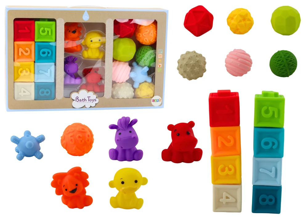 Lean Toys Minkšti ugdomieji kubeliai su gyvūnų figūrėlėmis, 20 elementų