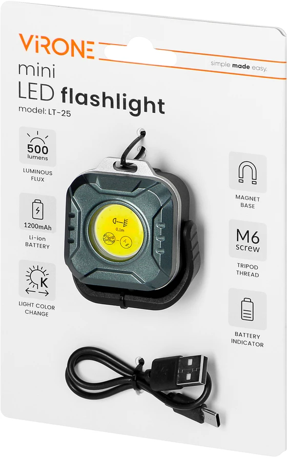 Mini COB LED žibintuvėlis, 500lm, 1200mAh, CCT