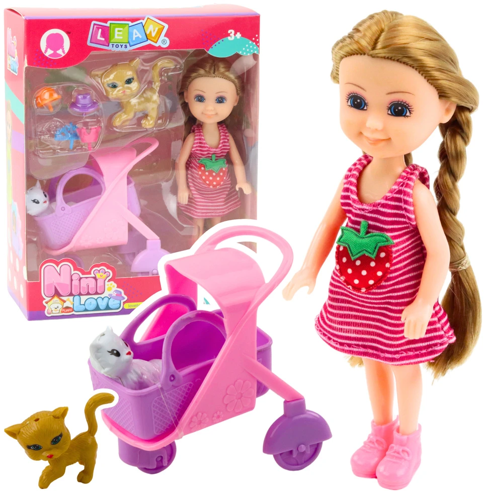 Lean Toys Lėlė su priedais ir vežimėliu, 14 cm