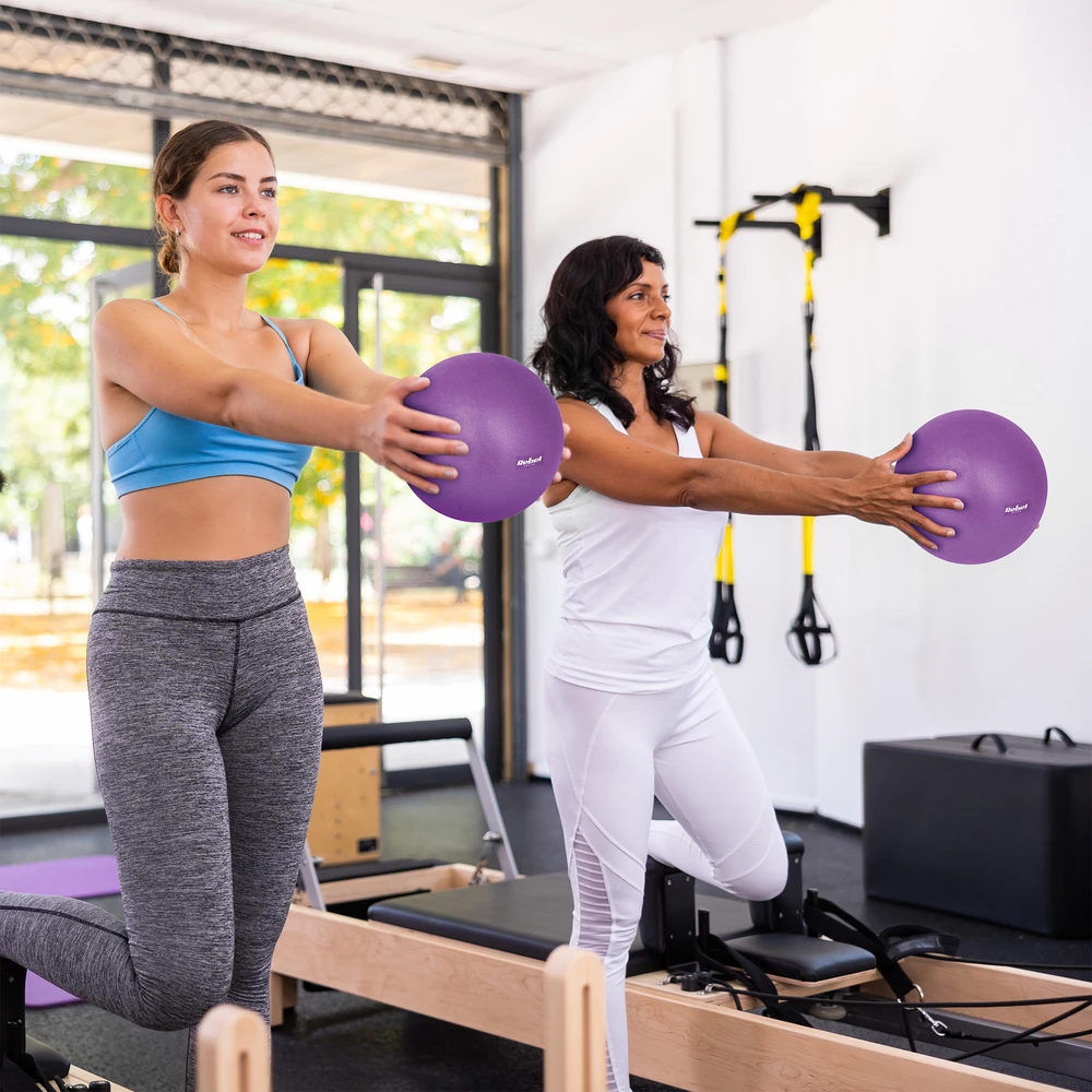 Mini mankštos kamuolys reabilitacijai Pilatesas, 25 cm, su rankine pompa, violetinė, REBEL ACTIVE