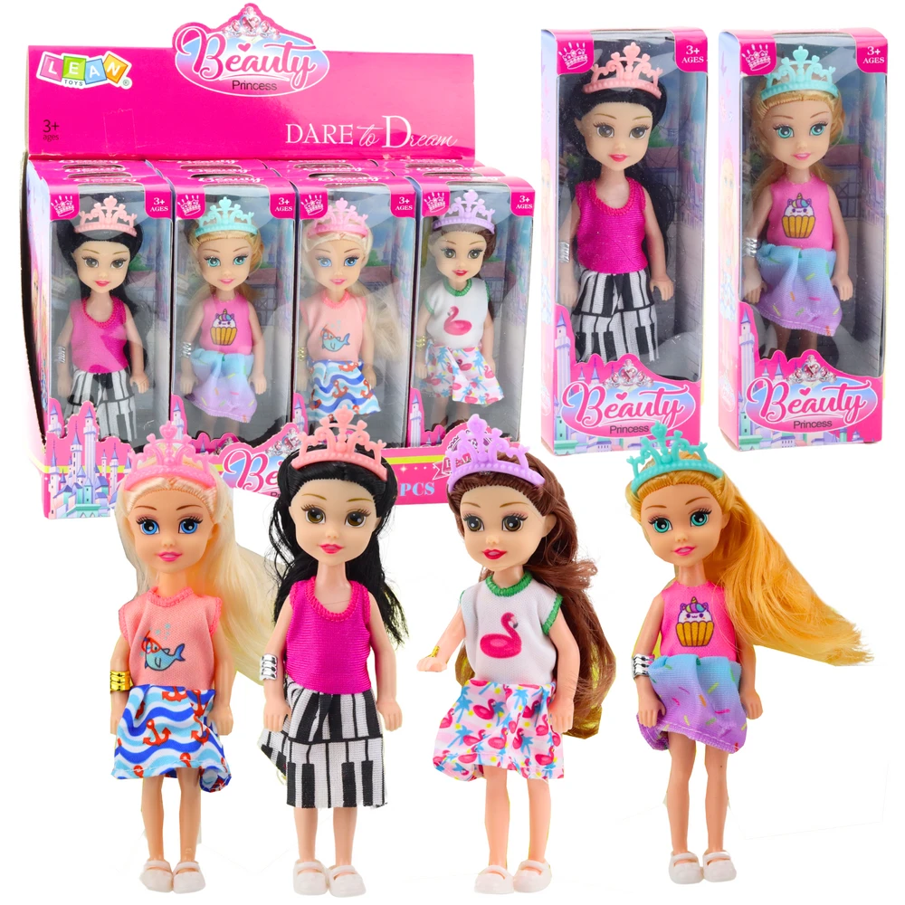 Lean Toys Mini princesės lėlė su karūna ir spalvinga suknele, 14 cm