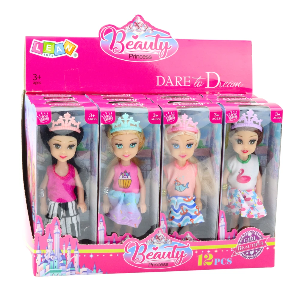 Lean Toys Mini princesės lėlė su karūna ir spalvinga suknele, 14 cm
