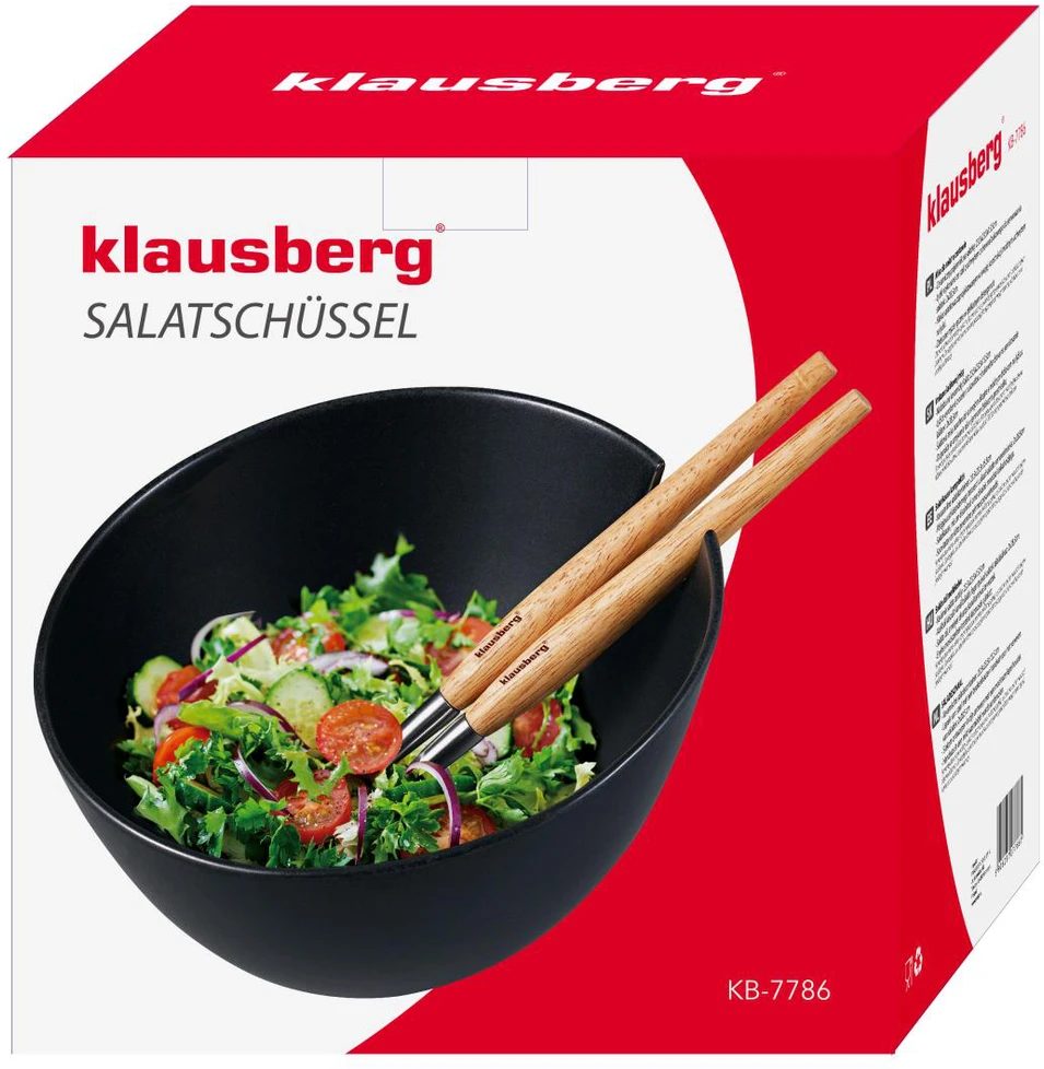 Misa Keraminis salotų dubuo, juodas, su plieninių šaukštų su medinėmis rankenomis rinkiniu, Klausberg, kb-7786