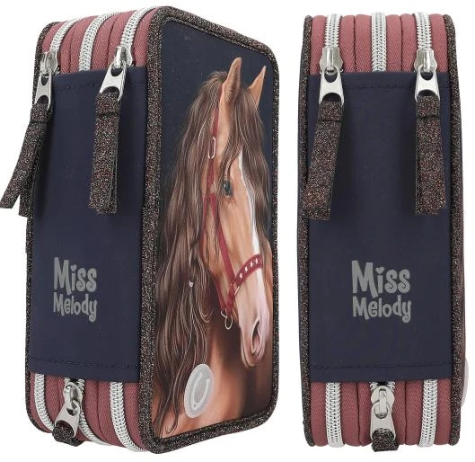 Miss Melody - trigubas pieštukų dėklas su LED blizgučiais ir arkliuku (0413190)