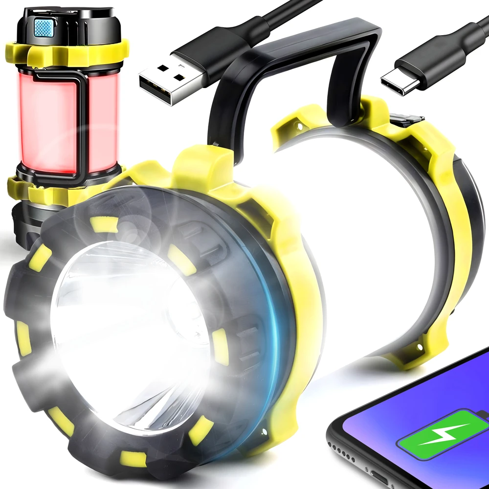 Mocna Galingas žibintuvėlis, karinių dirbtuvių lempa, įkraunama, LED, USB, su laikikliu