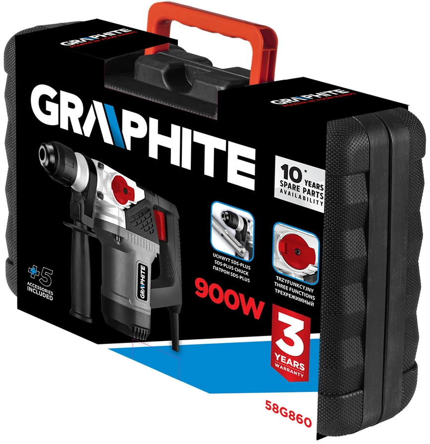 Graphite elektrinis perforatorius 58G860 SDS + 900W, 4J, dėklas