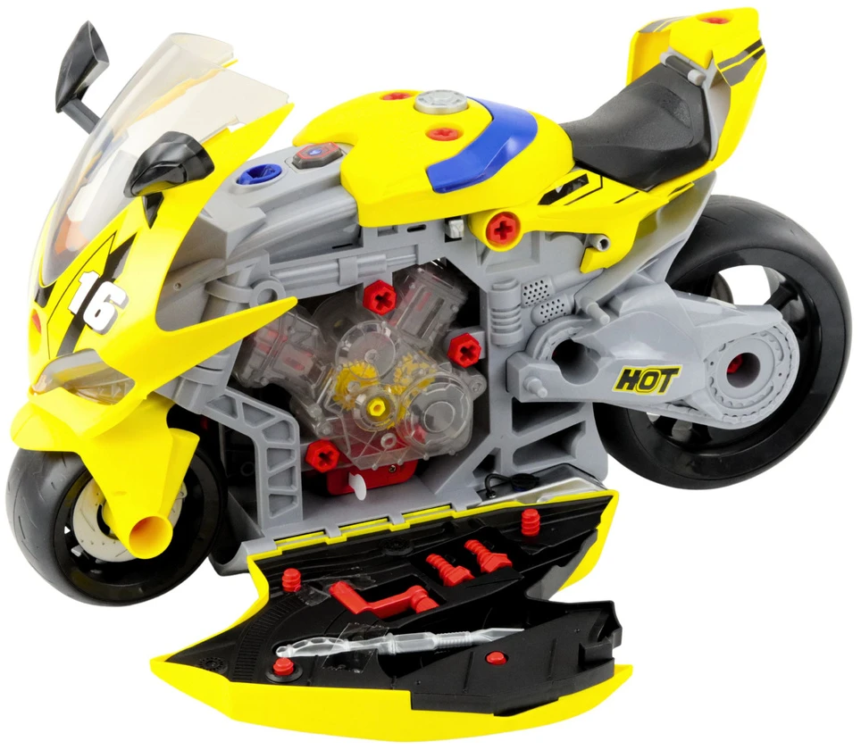 Lean Toys Žaislinis motociklas su dirbtuvėmis 43 cm geltonas