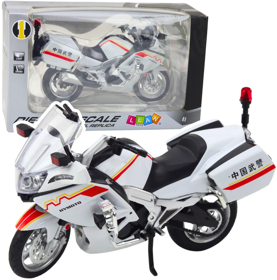 Lean Toys METALINIS MOTOCIKLAS SU ŠVIESOMIS IR GARSU – BALTAI/RAUDONAI/GELTONAS 1:12