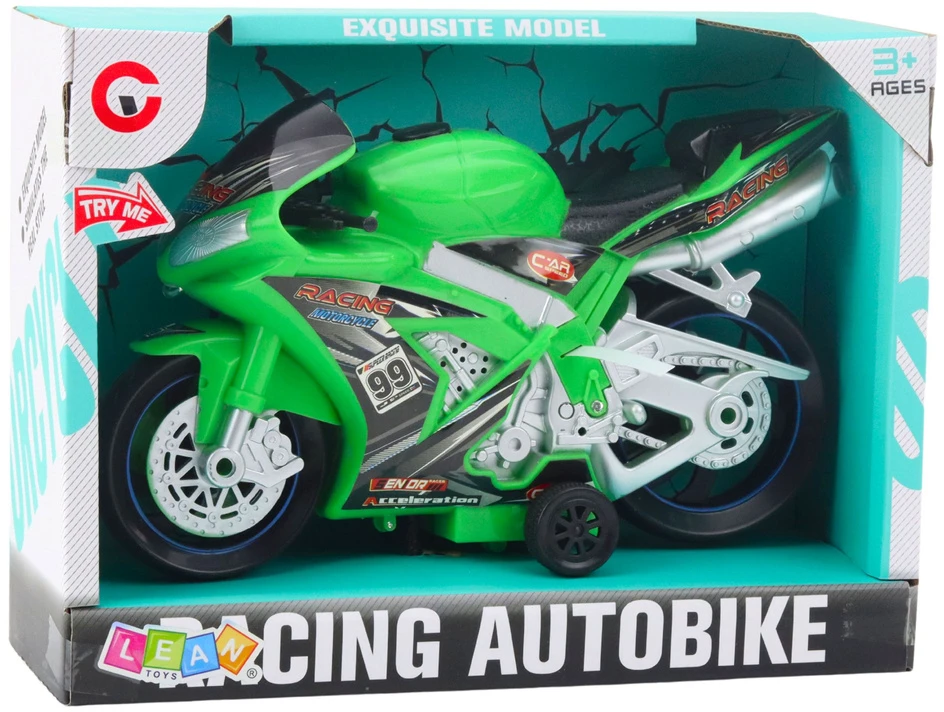Lean Toys Žaislinis lenktyninis motociklas su šviesomis ir garsais, žalias