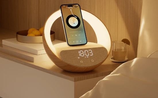 Moye „Aurora Glow“ lempa su laikrodžiu ir belaidžiu garsiakalbiu bei įkrovikliu